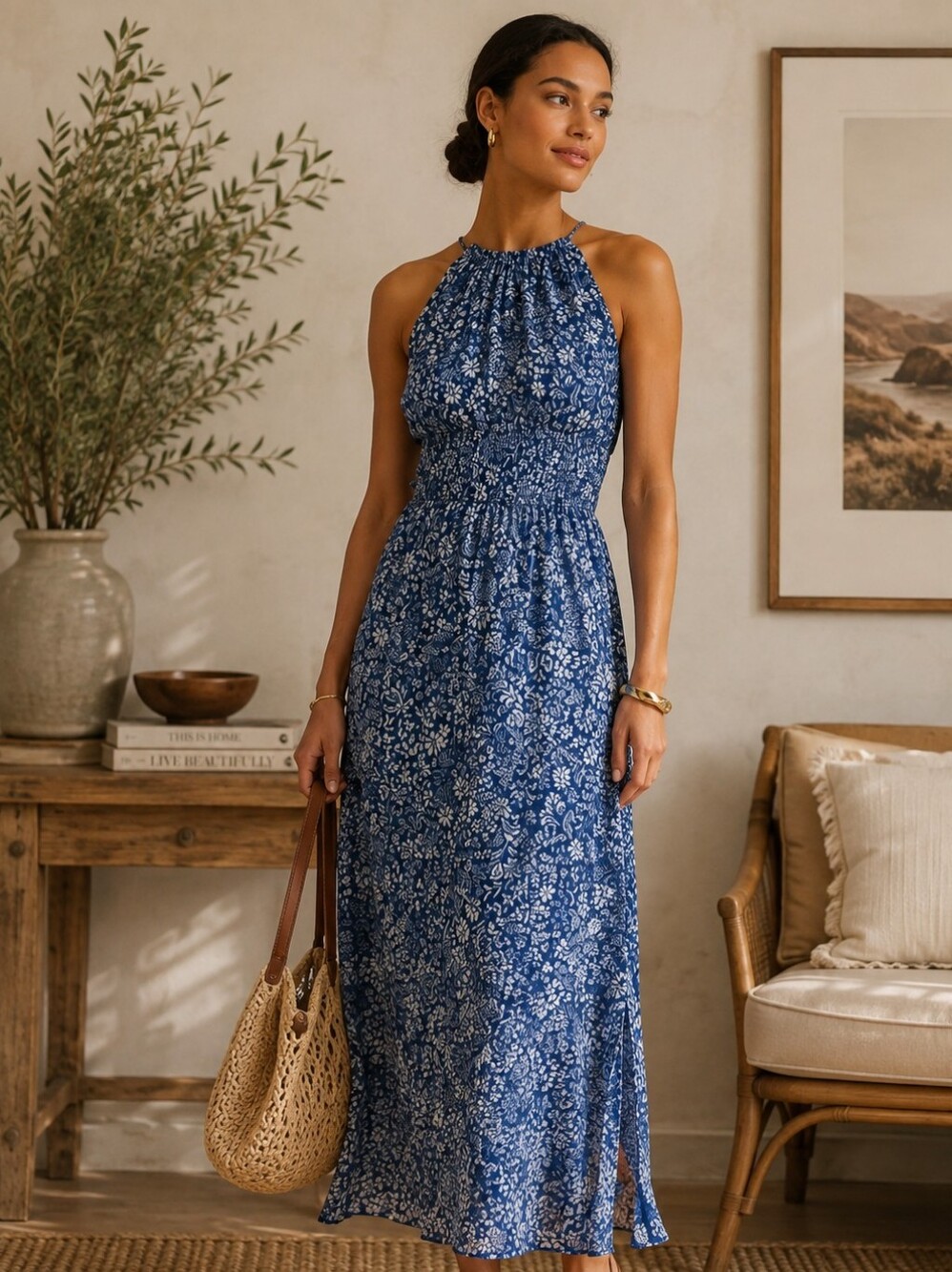 Madewell Blue Floral Smocked Halter Midi Dress Womens‎ Size 4 Maxi Skirt